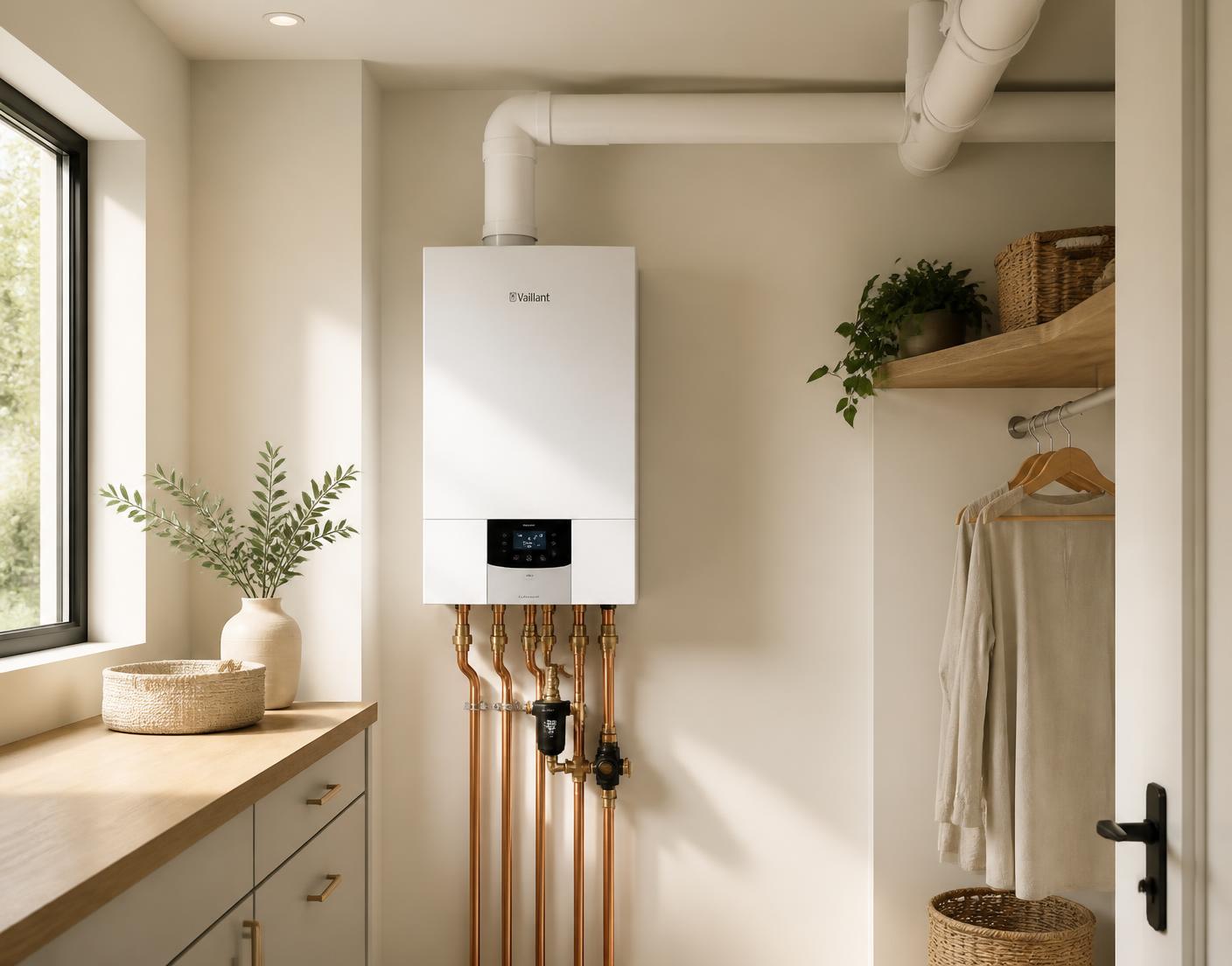 Moderne cv-ketel met koperen leidingwerk en ventilatiekanaal in een lichte bijkeuken