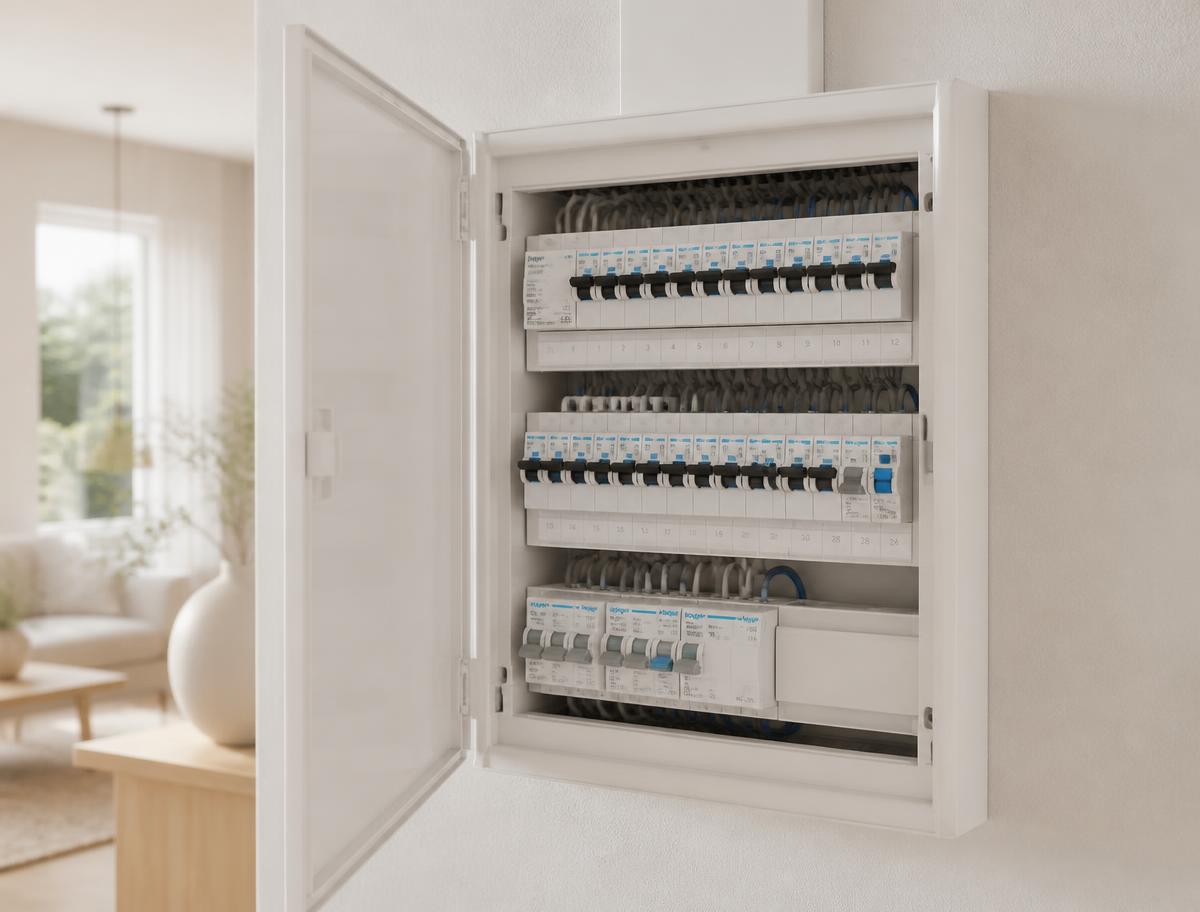 Nieuwe groepenkast met aardlekschakelaars, groepsautomaten en netjes bekabelde groepen